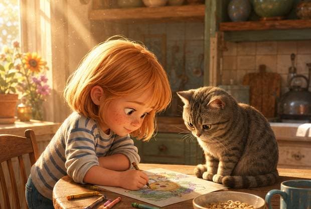A child coloring a personalized illustration at a kitchen table