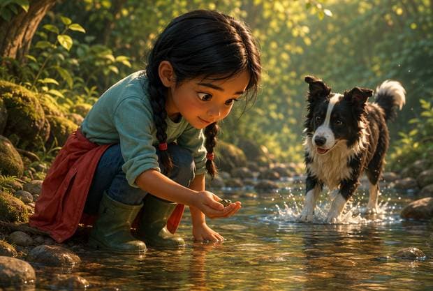 A personalized Page & Kin illustration with a child and dog near a creek