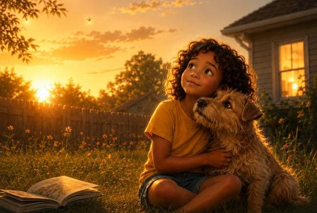 A child with a dog beside an open personalized storybook